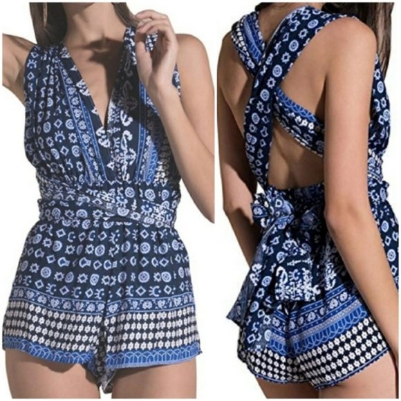 Pants - 🚨NEW  Blue Printed Boho Open Tie Back Romper